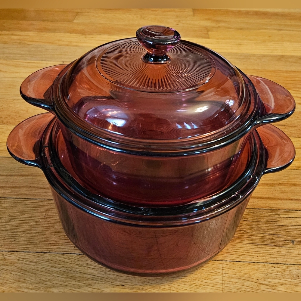 *Vintage 1.5 QT & 1Q Corning Visions Ware Pyrex Cranberry Casserole Dish w/Lids